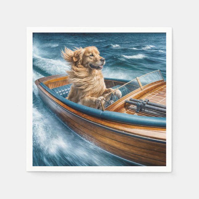 Golden Retriever Driving An Old Motorboat Napkin (Front)