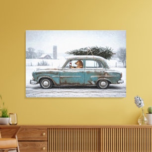 Golden Retriever Driving Retro Car with Pine Tree Canvas Print