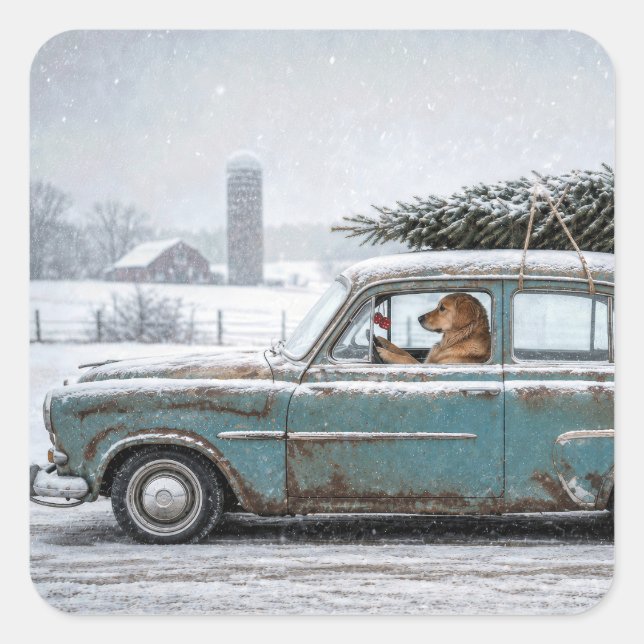 Golden Retriever Driving Retro Car with Pine Tree Square Sticker (Front)