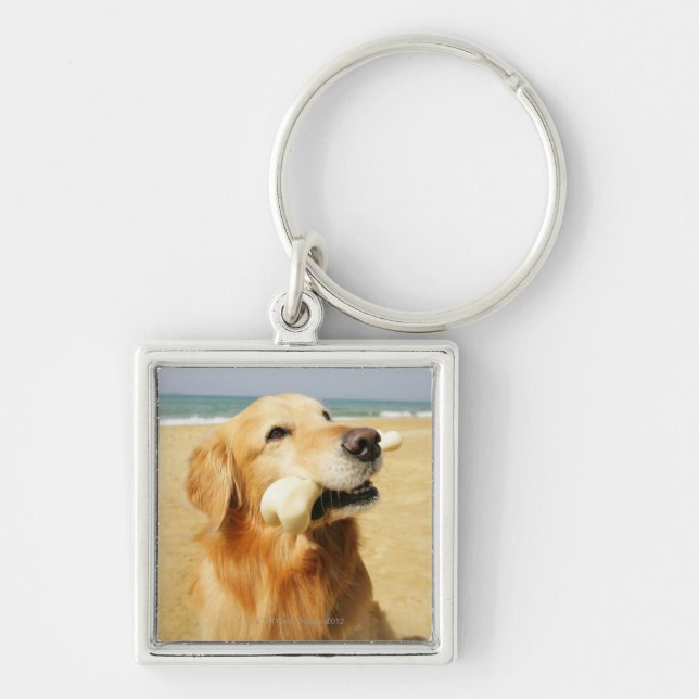 Golden Retriever eating bone Keychain (Front)