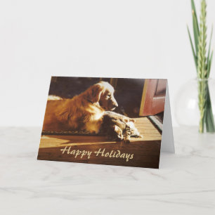 Golden retriever et carte de Noël de chat