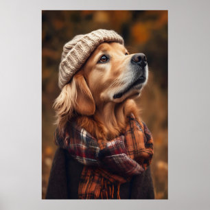 Golden Retriever Fall Art Print, Autumn Dog Poster