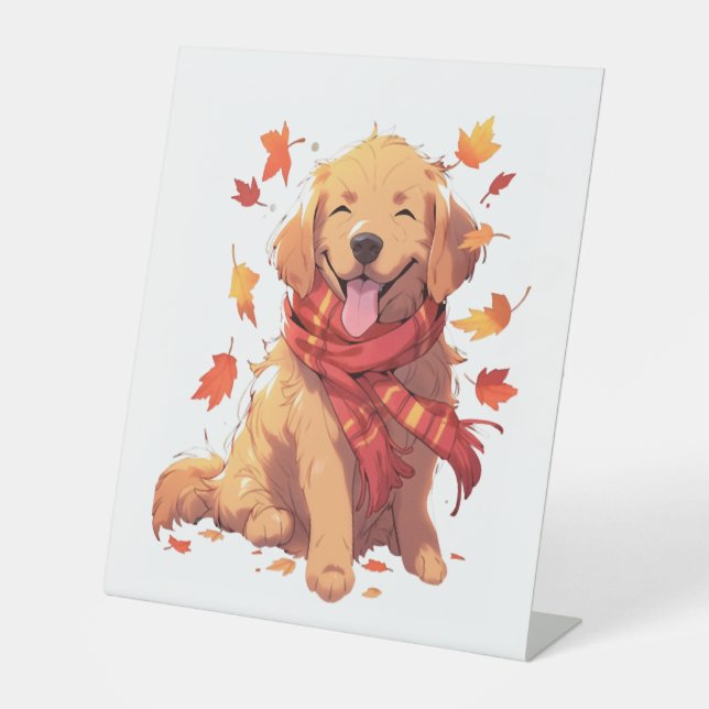 Golden Retriever Fall Dog Autumn Leaves  Pedestal Sign (Front)