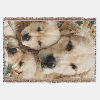 Golden Retriever Family Puppies Vintage Christmas Throw Blanket