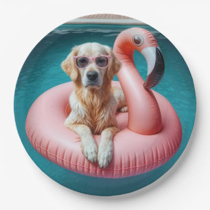 Golden Retriever Floating On a Flamingo Pool Toy Paper Plate
