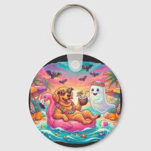 Golden Retriever Floating on Pink Flamingo Hallowe Keychain