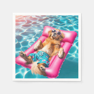 Golden Retriever Floating On Pool Mattress Napkin