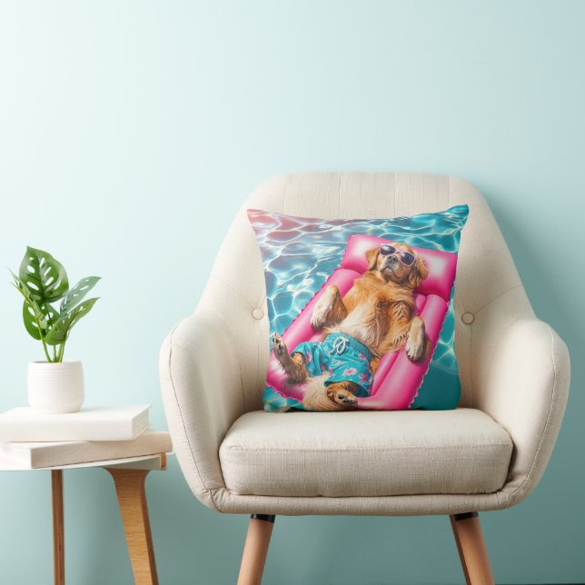 Golden Retriever Floating On Pool Mattress Throw Pillow (Chair)