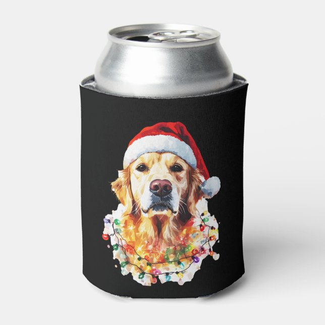 Golden Retriever Funny dog Christmas Santa Hat lig Can Cooler (Can Front)