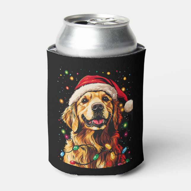 Golden Retriever Funny dog Christmas Santa Hat lig Can Cooler (Can Front)