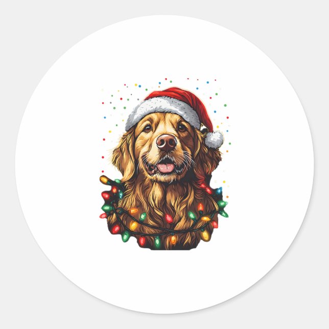 Golden Retriever Funny dog Christmas Santa Hat lig Classic Round Sticker (Front)