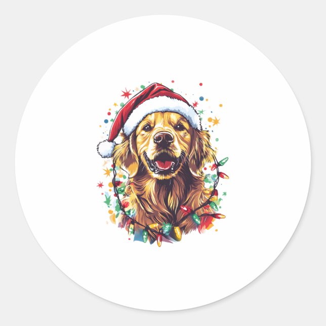 Golden Retriever Funny dog Christmas Santa Hat lig Classic Round Sticker (Front)