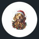 Golden Retriever Funny dog Christmas Santa Hat lig Classic Round Sticker<br><div class="desc">Golden Retriever Funny dog Christmas Santa Hat lights tree Men Women Kids (2)</div>