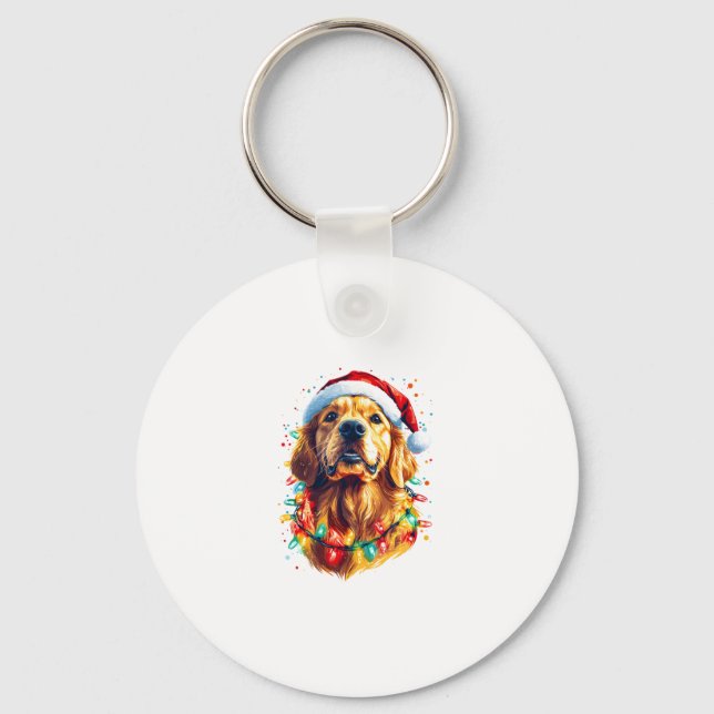 Golden Retriever Funny dog Christmas Santa Hat lig Keychain (Front)