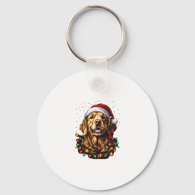 Golden Retriever Funny dog Christmas Santa Hat lig Keychain (Front)