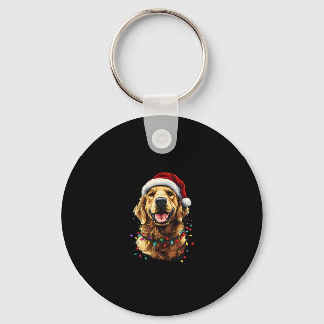 Golden Retriever Funny dog Christmas Santa Hat lig Keychain (Front)