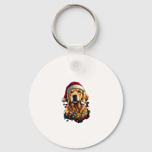 Golden Retriever Funny dog Christmas Santa Hat lig Keychain (Front)