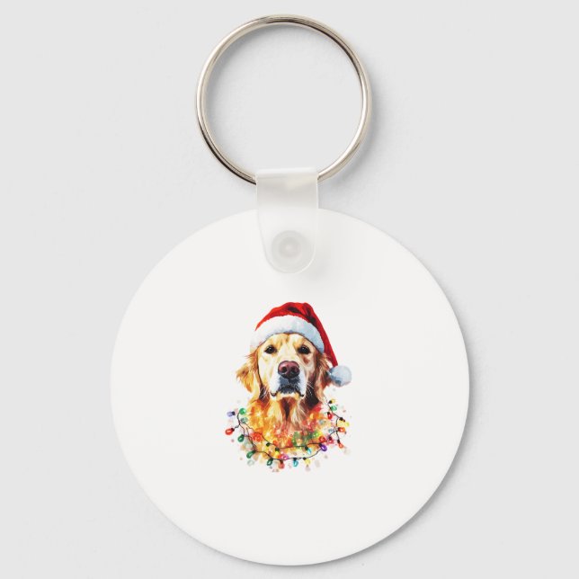 Golden Retriever Funny dog Christmas Santa Hat lig Keychain (Front)