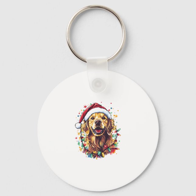 Golden Retriever Funny dog Christmas Santa Hat lig Keychain (Front)