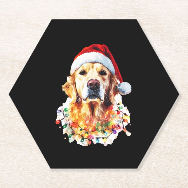 Golden Retriever Funny dog Christmas Santa Hat lig Paper Coaster (Front)