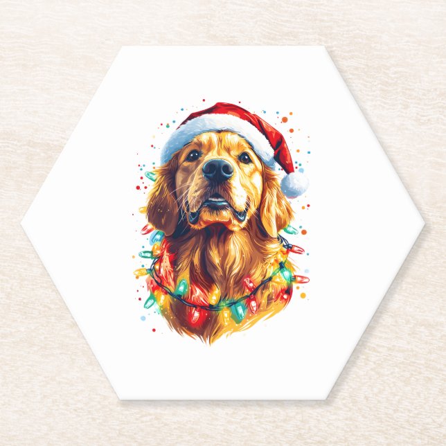 Golden Retriever Funny dog Christmas Santa Hat lig Paper Coaster (Front)