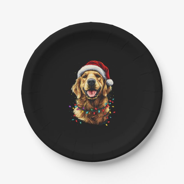 Golden Retriever Funny dog Christmas Santa Hat lig Paper Plate (Front)