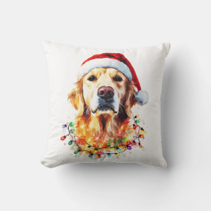 Golden Retriever Funny dog Christmas Santa Hat lig Throw Pillow