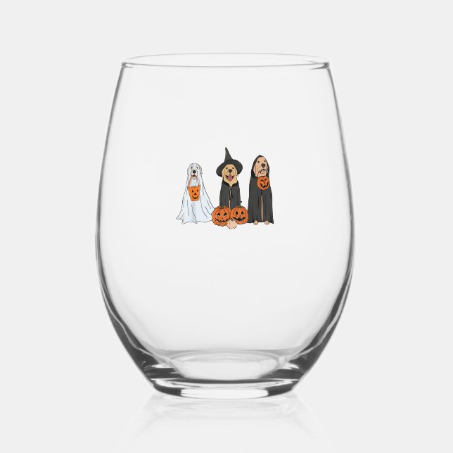 Golden Retriever Ghost Halloween Trick Or Treat Do Stemless Wine Glass (Front)