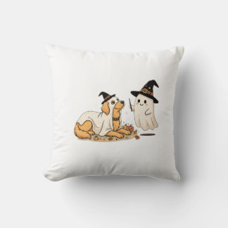 Golden Retriever Ghost Witch Hat Halloween Dog Throw Pillow