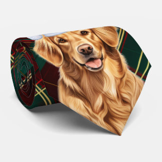 Golden Retriever Green Red Holiday Plaid Christmas Tie