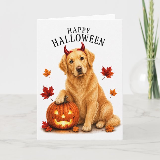 Golden Retriever Halloween Devil Dog Card (Front)