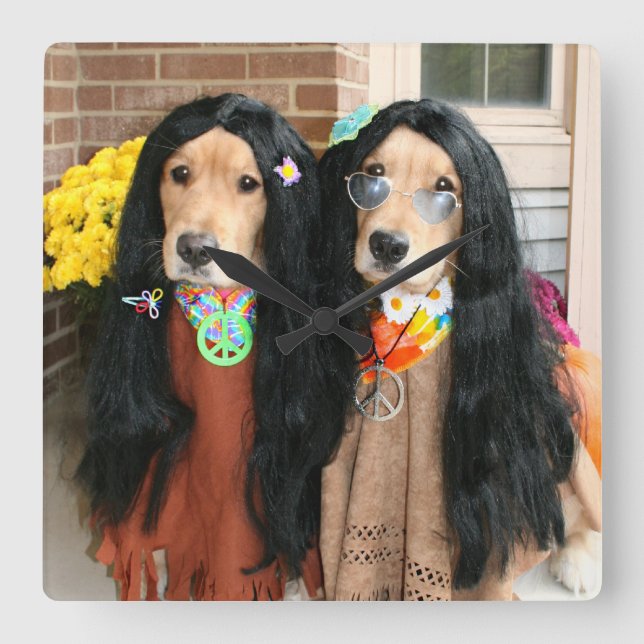 Golden Retriever Halloween Hippie Square Wall Clock (Front)