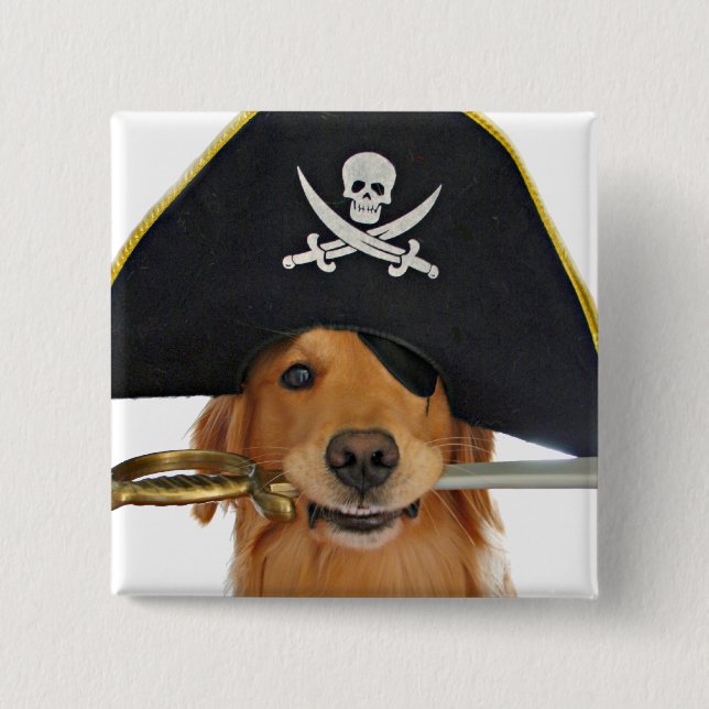 Golden Retriever Halloween Pirate 2 Inch Square Button (Front)