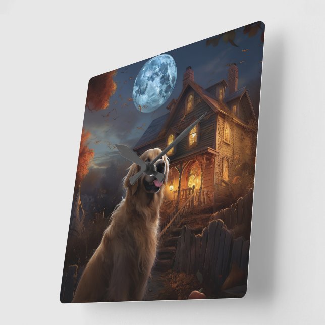 Golden Retriever Halloween Scary Square Wall Clock (Angle)