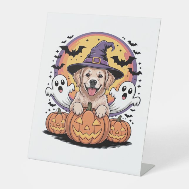Golden Retriever Halloween Witch Dog Classic T-Shi Pedestal Sign (Front)