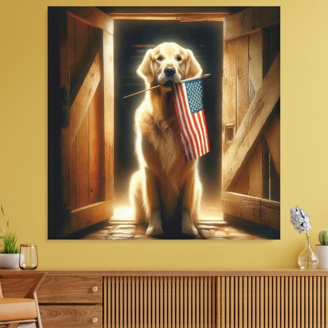 Golden Retriever Holding An American Flag Canvas Print (Insitu(LivingRoom))