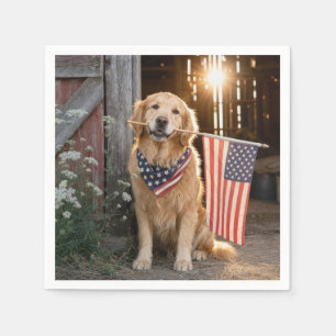 Golden Retriever Holding an American Flag Napkin