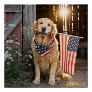 Golden Retriever Holding an American Flag Poster