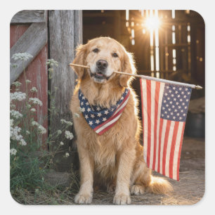 Golden Retriever Holding an American Flag Square Sticker
