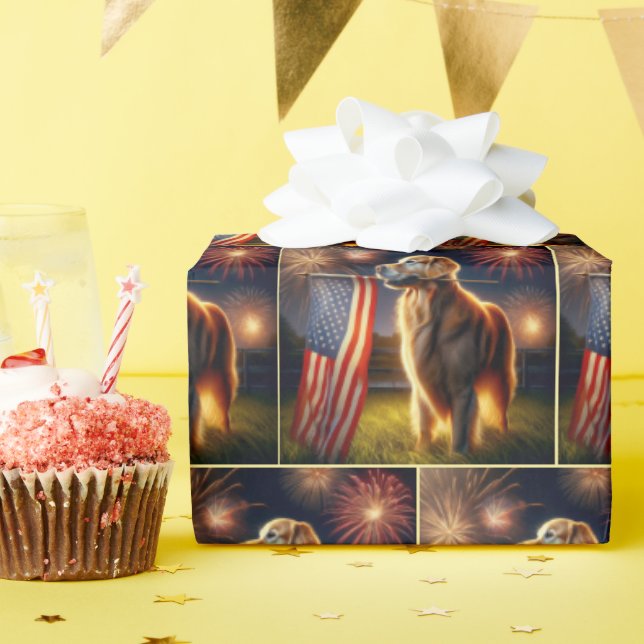 Golden Retriever Holding An American Flag Wrapping Paper (Birthday Party)