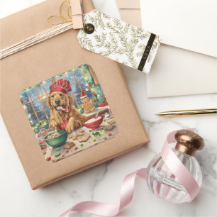 Golden Retriever Holiday Baking: Festive Christmas Square Sticker