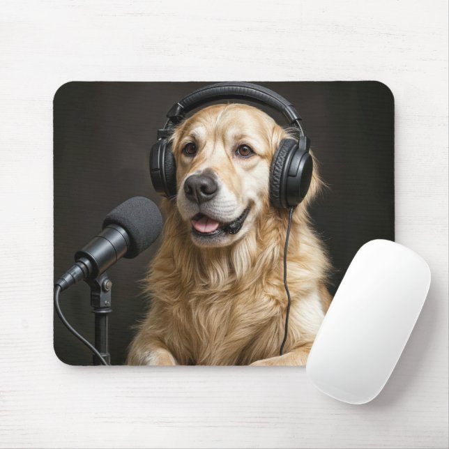 Golden Retriever Hosting a Podcast Mouse Pad (With Mouse)