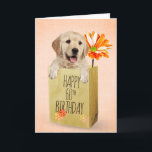 Golden Retriever in 60th Birthday Bag   Card<br><div class="desc">Cute golden retriever in a generic brown paper bag with orange gerbera daisy for 60th birthday.
Text/age can be edited.</div>