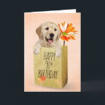 Golden Retriever in 90th Birthday Bag  Card<br><div class="desc">Cute golden retriever in a generic brown paper bag with orange gerbera daisy for 90th birthday.
Text/age can be edited.</div>