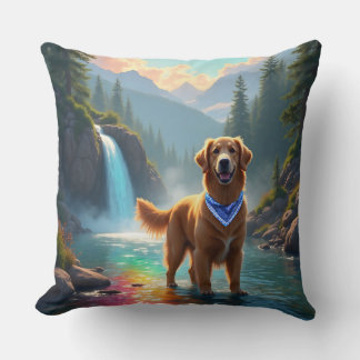 Golden Retriever in a Fantasy Rainbow River Throw Pillow