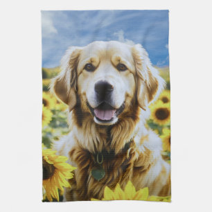 Golden Retriever in a Sunflower Field Kitchen Towel