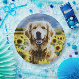 Golden Retriever in a Sunflower Field Paper Plate