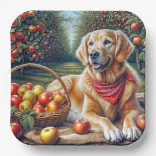 Golden Retriever In Apple Orchard Paper Plate