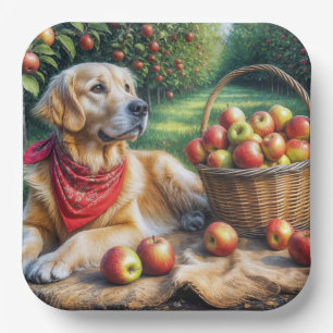 Golden Retriever In Apple Orchard Paper Plate