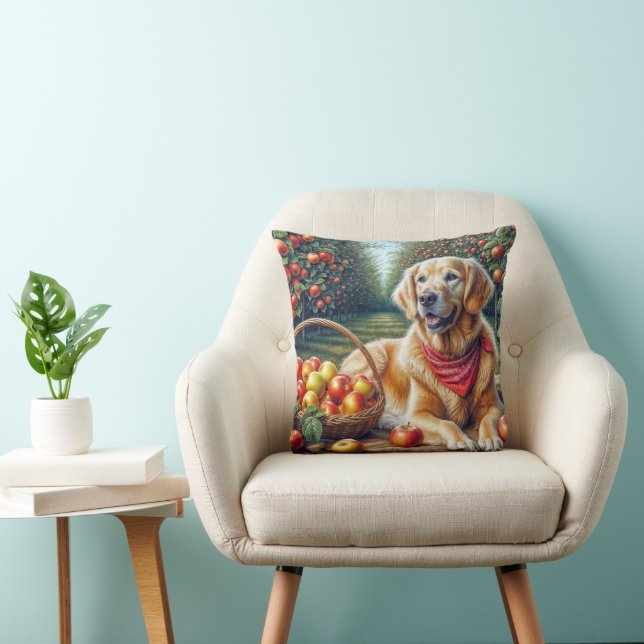 Golden Retriever In Apple Orchard Throw Pillow (Chair)